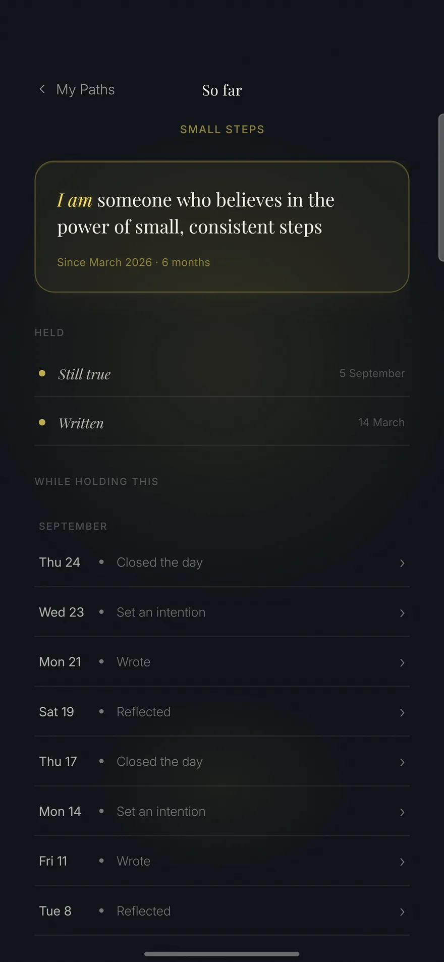 So far screen listing the days you held your affirmation